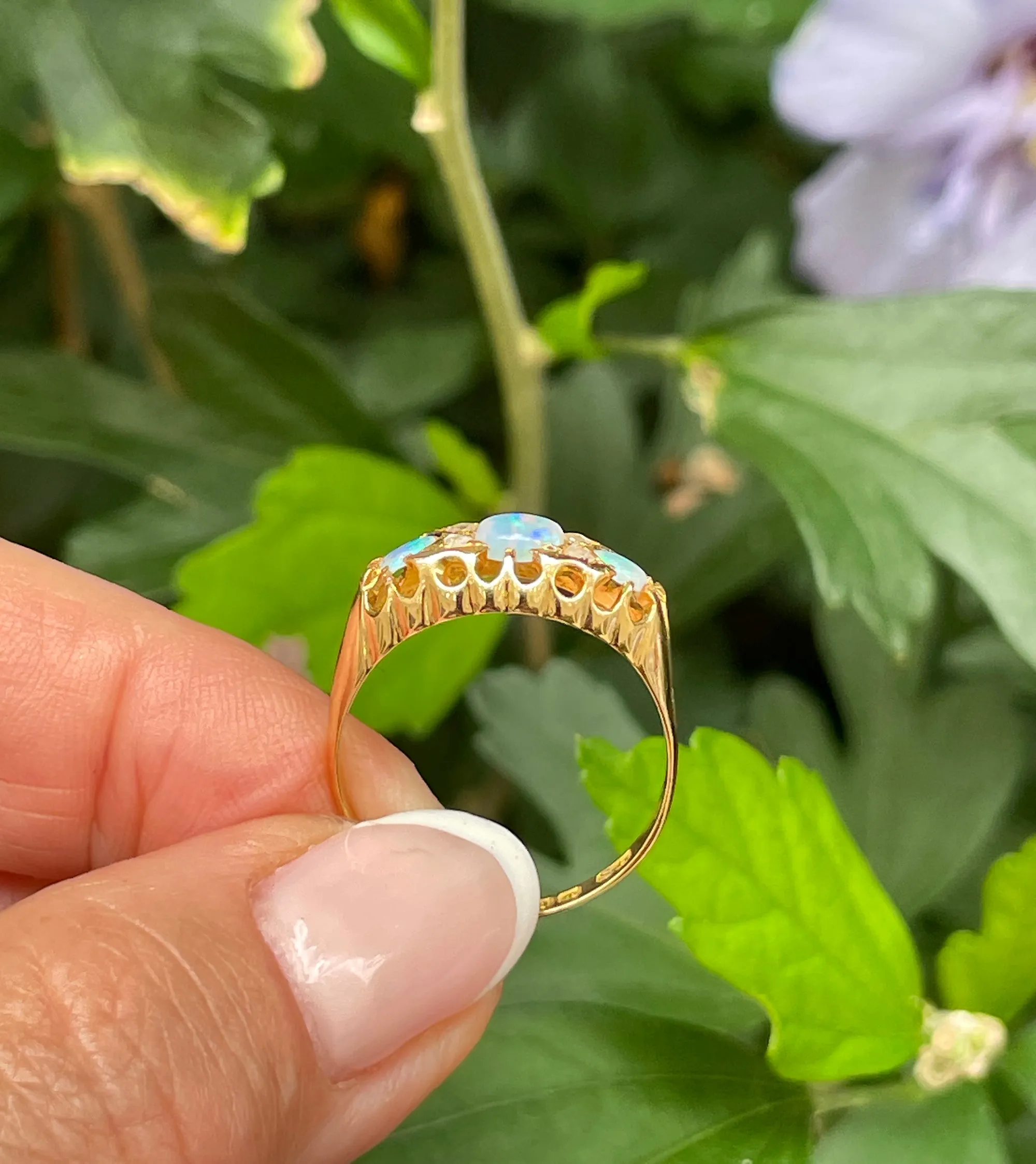 1894 Victorian Antique Opal and Diamond Wedding Anniversary 18K Gold Ring Band