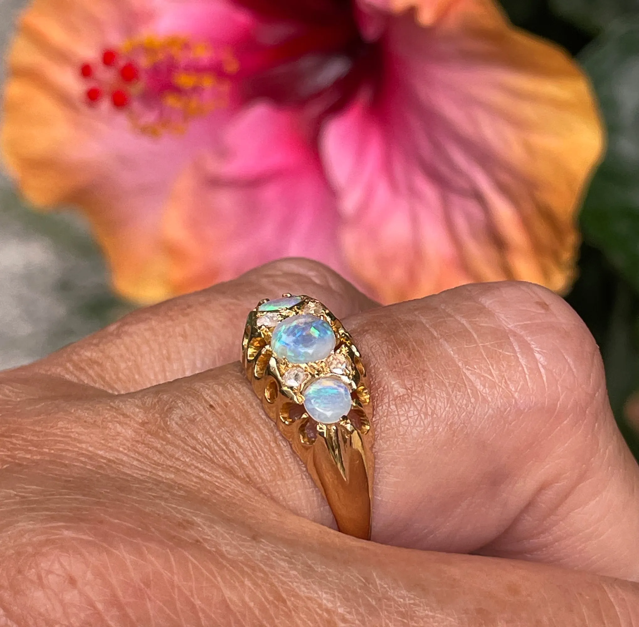 1894 Victorian Antique Opal and Diamond Wedding Anniversary 18K Gold Ring Band