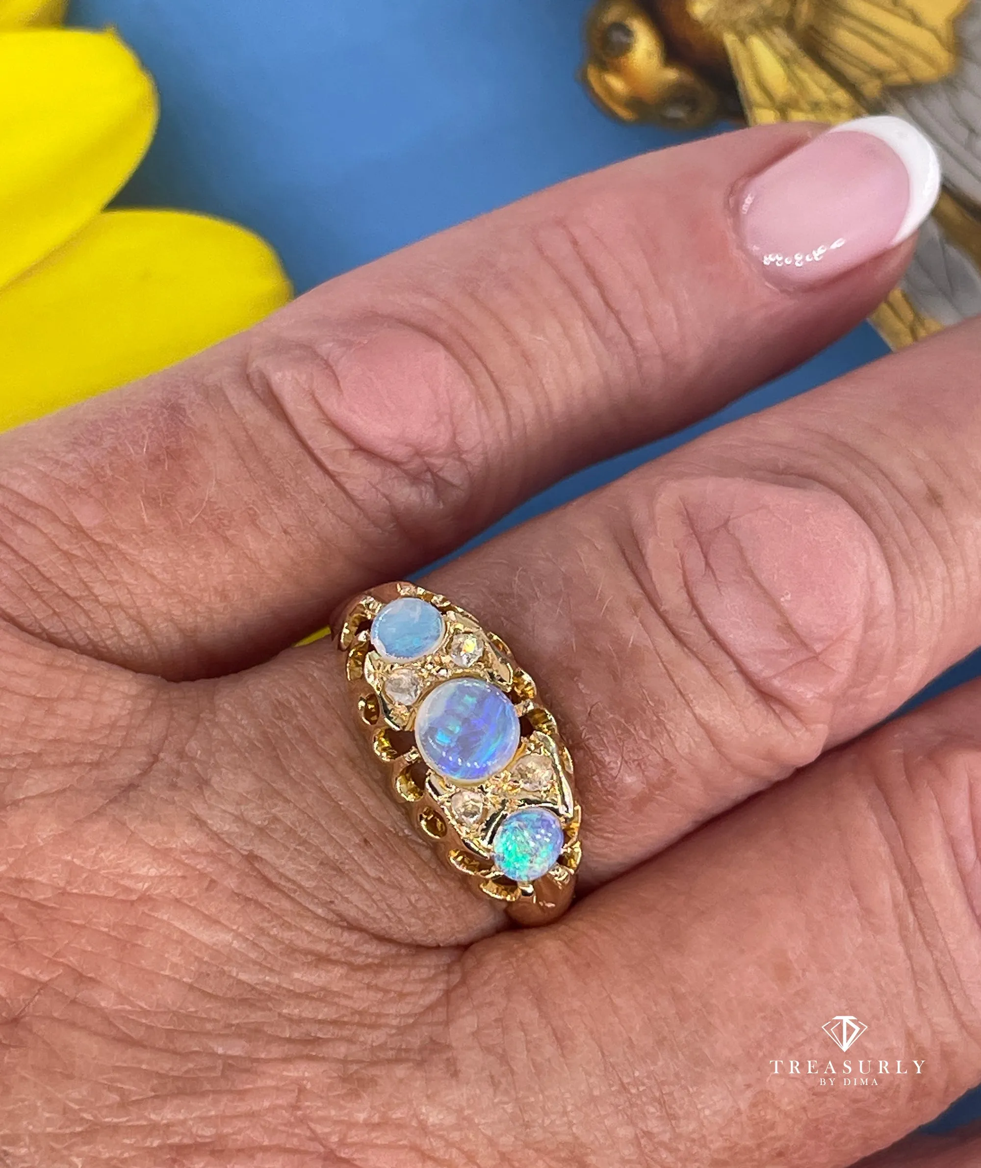 1894 Victorian Antique Opal and Diamond Wedding Anniversary 18K Gold Ring Band