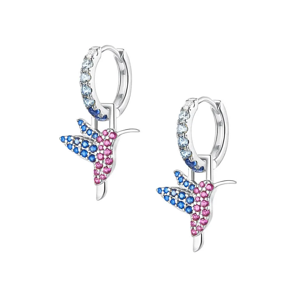 925 Silver Pink Blue Hummingbird Sparkling Drop Huggie Earrings CZ Diamond