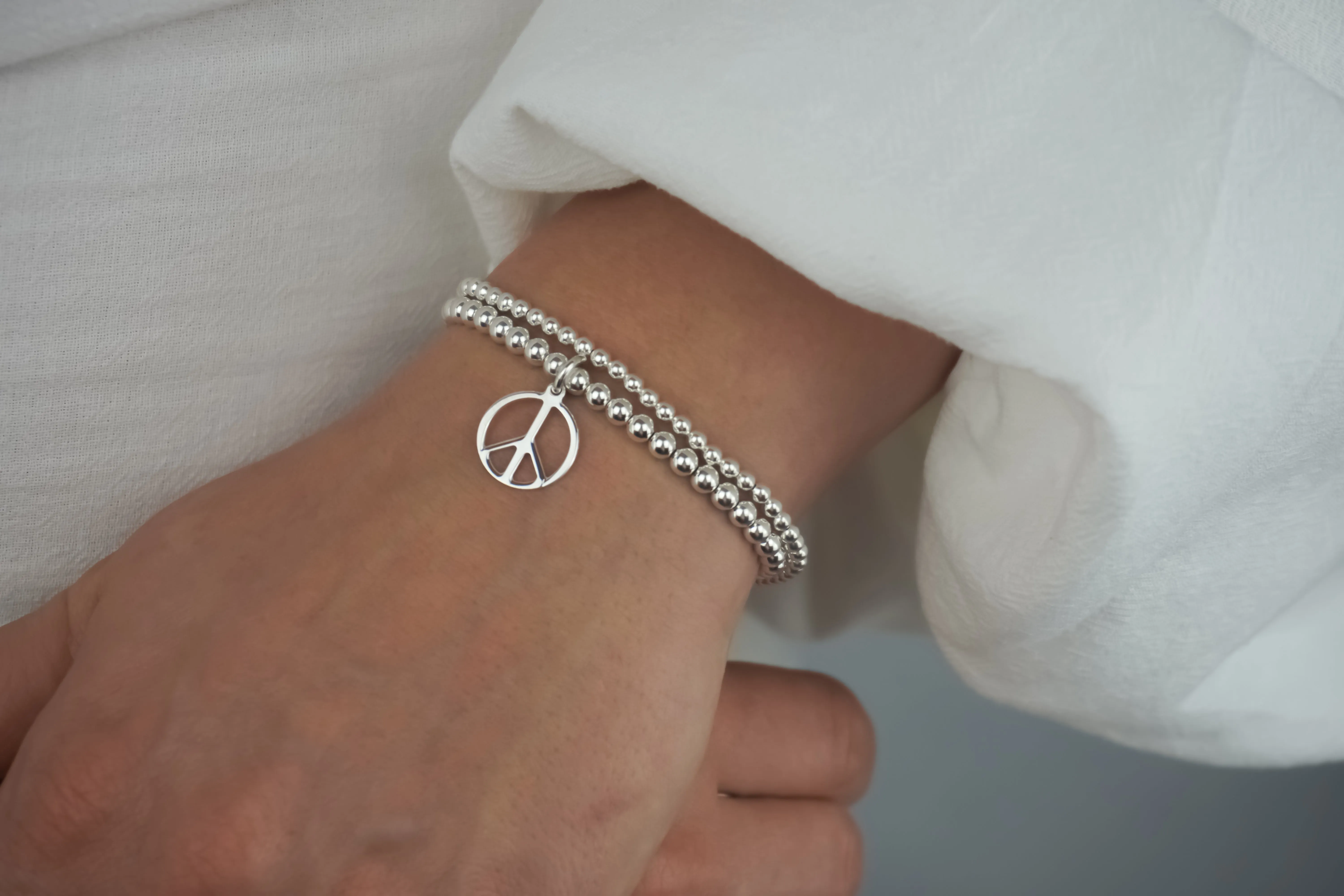 925 Sterling Silver Peace Symbol Stretch Bracelet, Peace Bracelet, Stacked Bracelets, Silver Bracelets