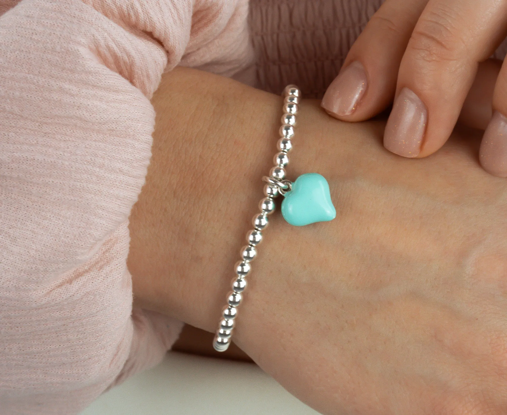 925 Sterling Silver Turquoise Puff Heart Charm Bracelet, Turquoise Heart Charm Bracelet, Heart Charm Bracelet, Stacked Bracelets