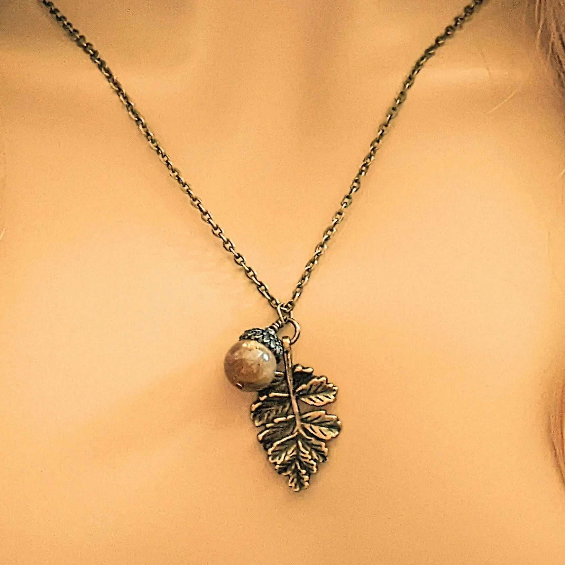 Acorn Oak Leaf Necklace, Antique Bronze