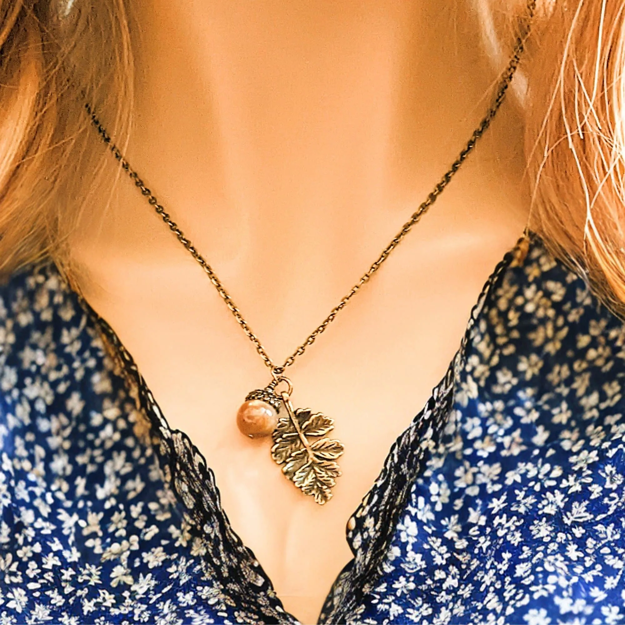 Acorn Oak Leaf Necklace, Antique Bronze