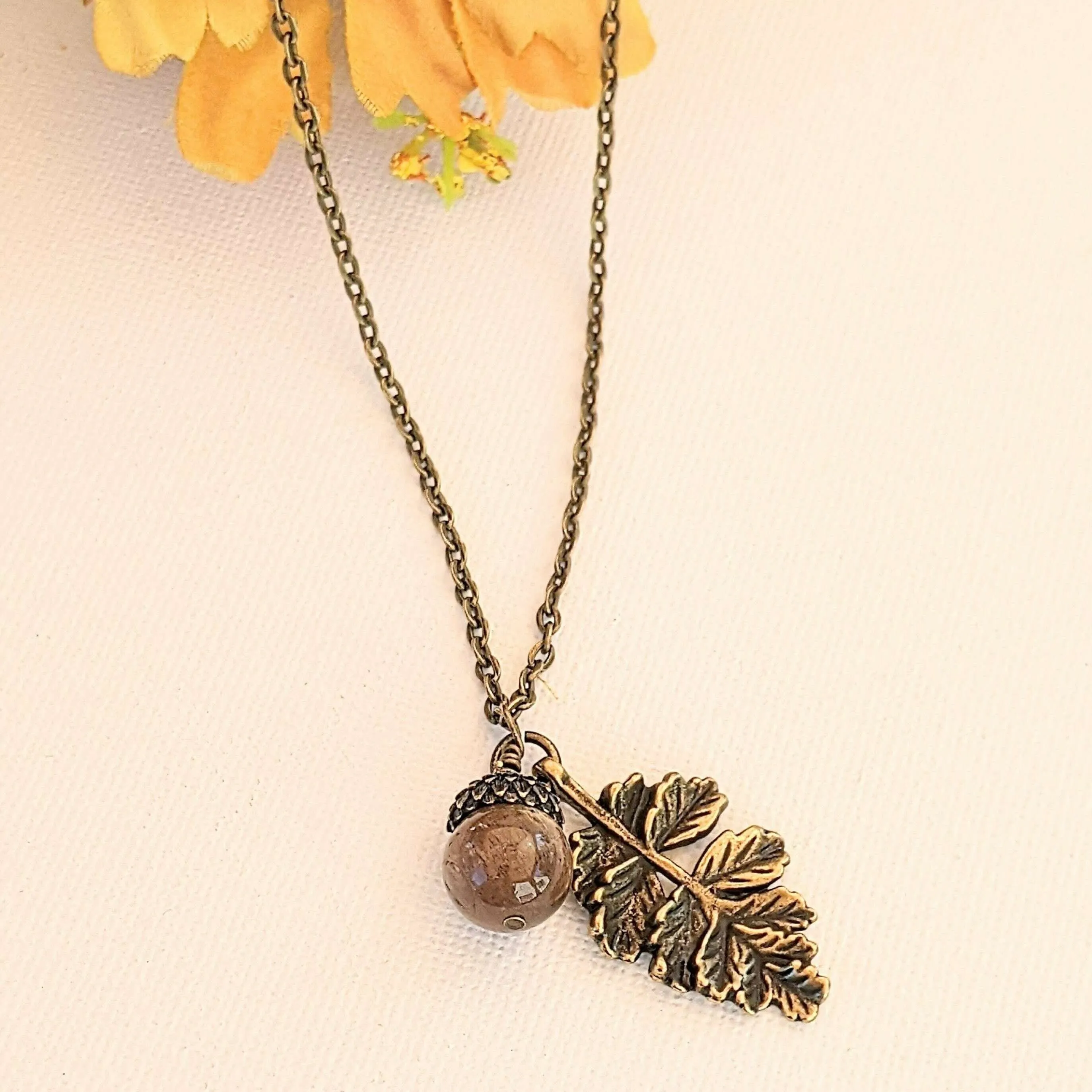 Acorn Oak Leaf Necklace, Antique Bronze