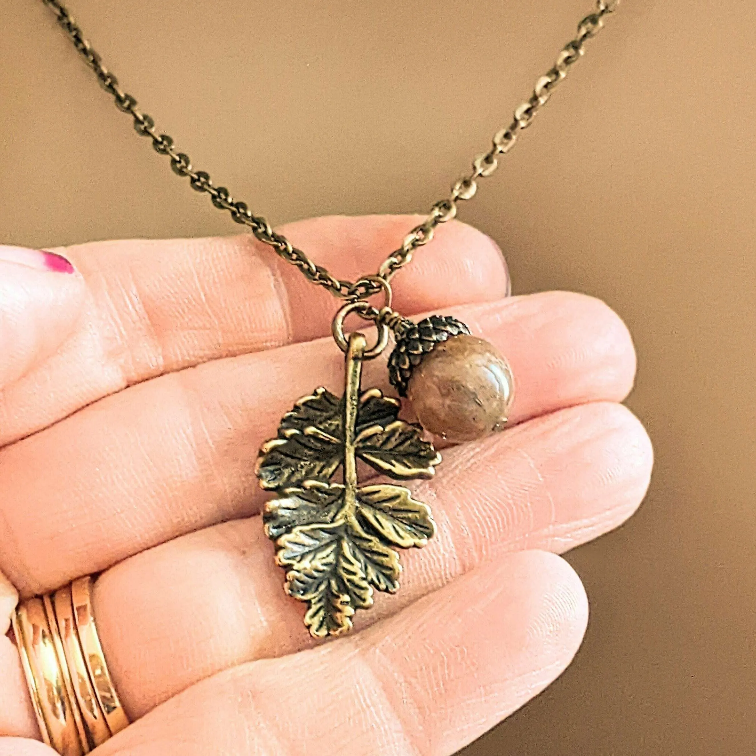 Acorn Oak Leaf Necklace, Antique Bronze