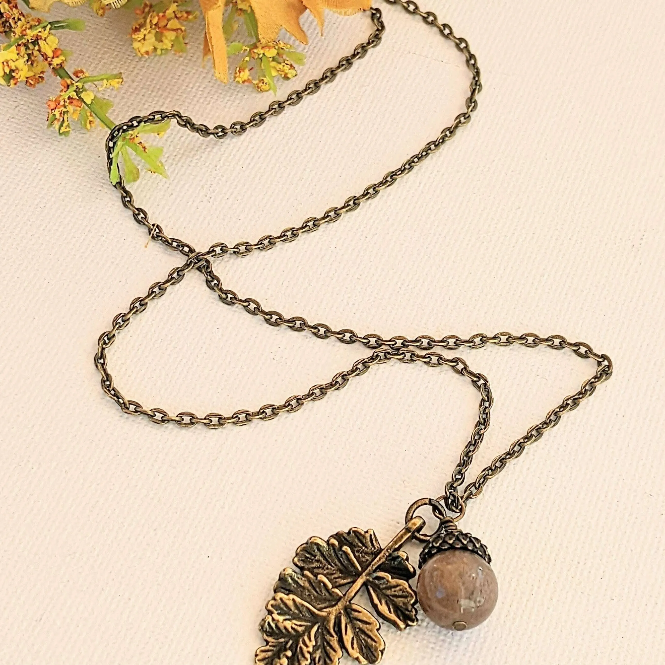 Acorn Oak Leaf Necklace, Antique Bronze