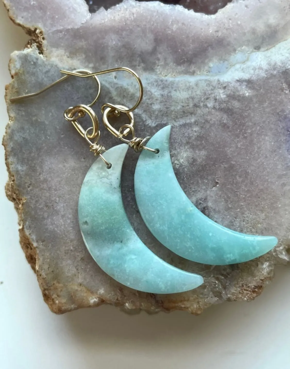 Amazonite Moon Statement Earrings Gold Fill