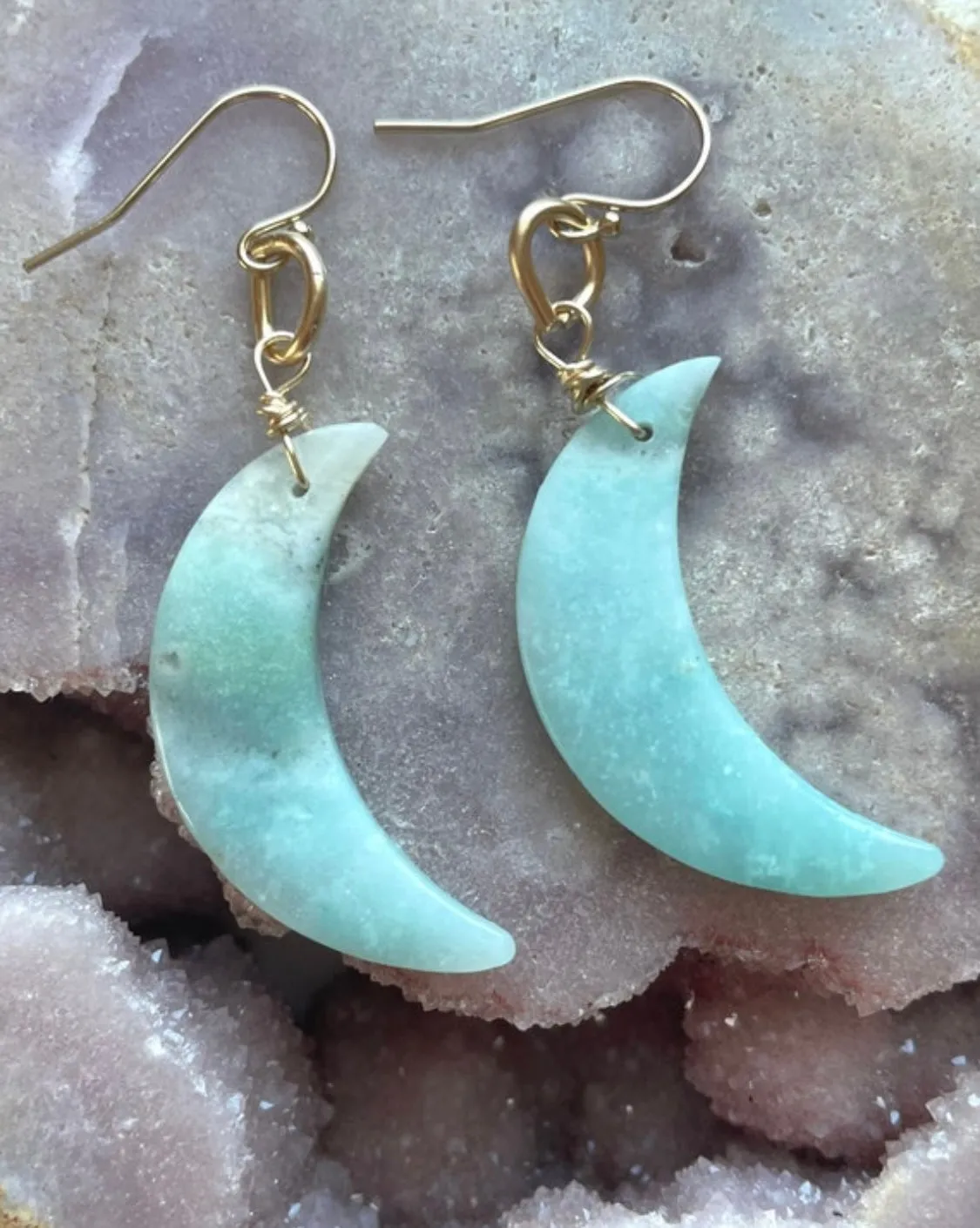 Amazonite Moon Statement Earrings Gold Fill