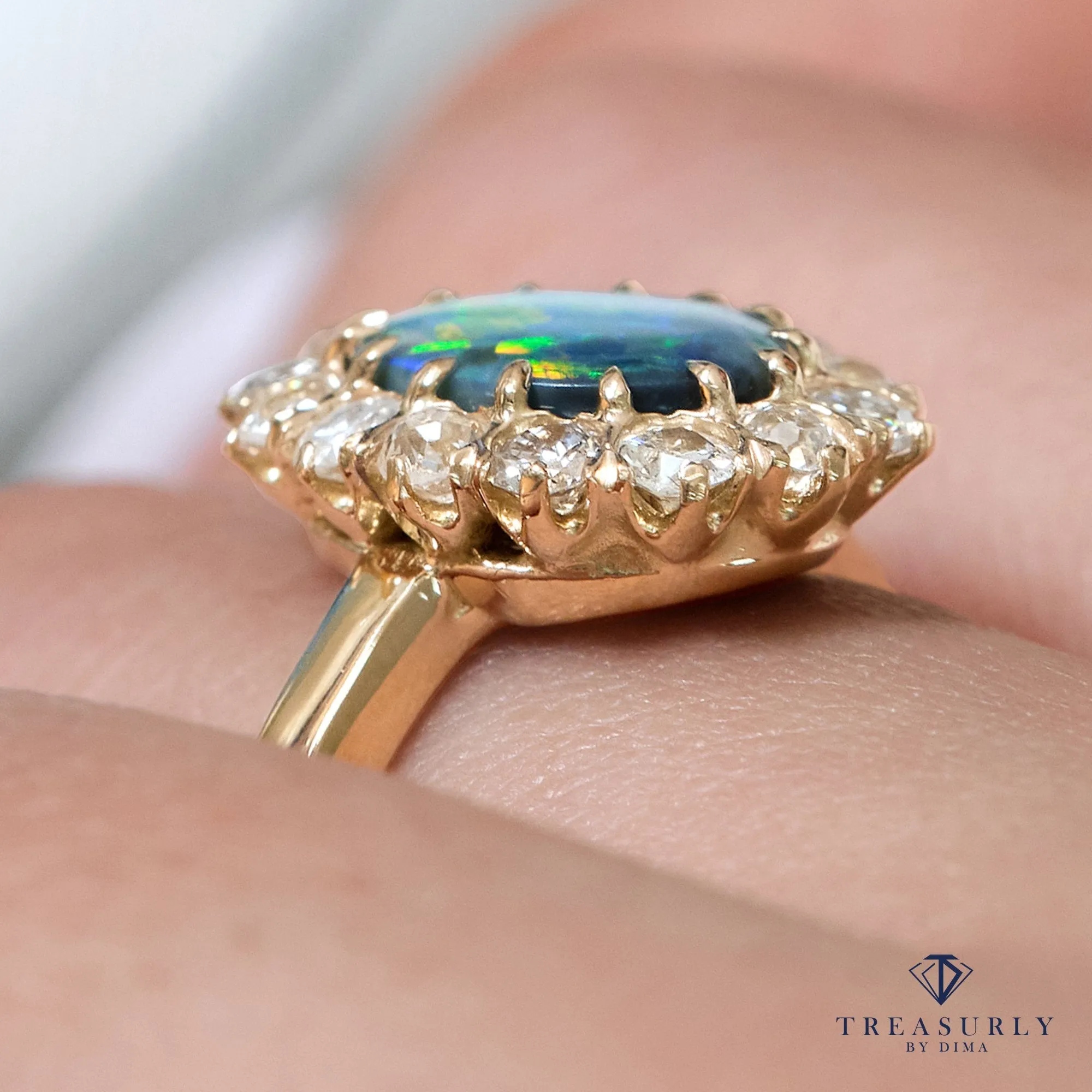 An exquisite Antique Victorian Lightning Ridge Black Opal Diamond Cluster Cocktail Ring