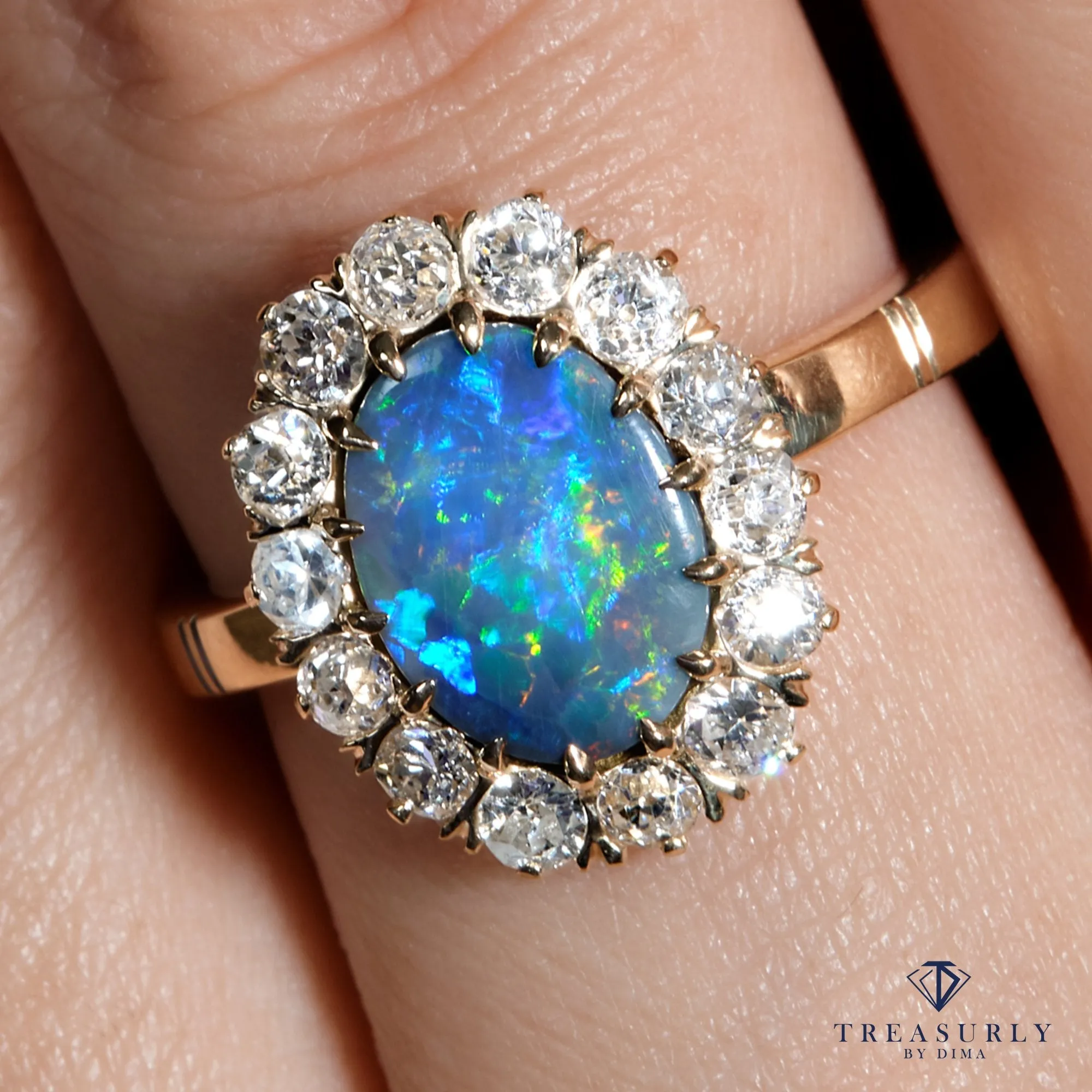 An exquisite Antique Victorian Lightning Ridge Black Opal Diamond Cluster Cocktail Ring