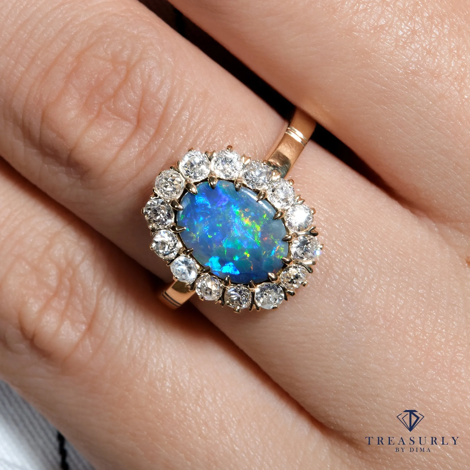 An exquisite Antique Victorian Lightning Ridge Black Opal Diamond Cluster Cocktail Ring