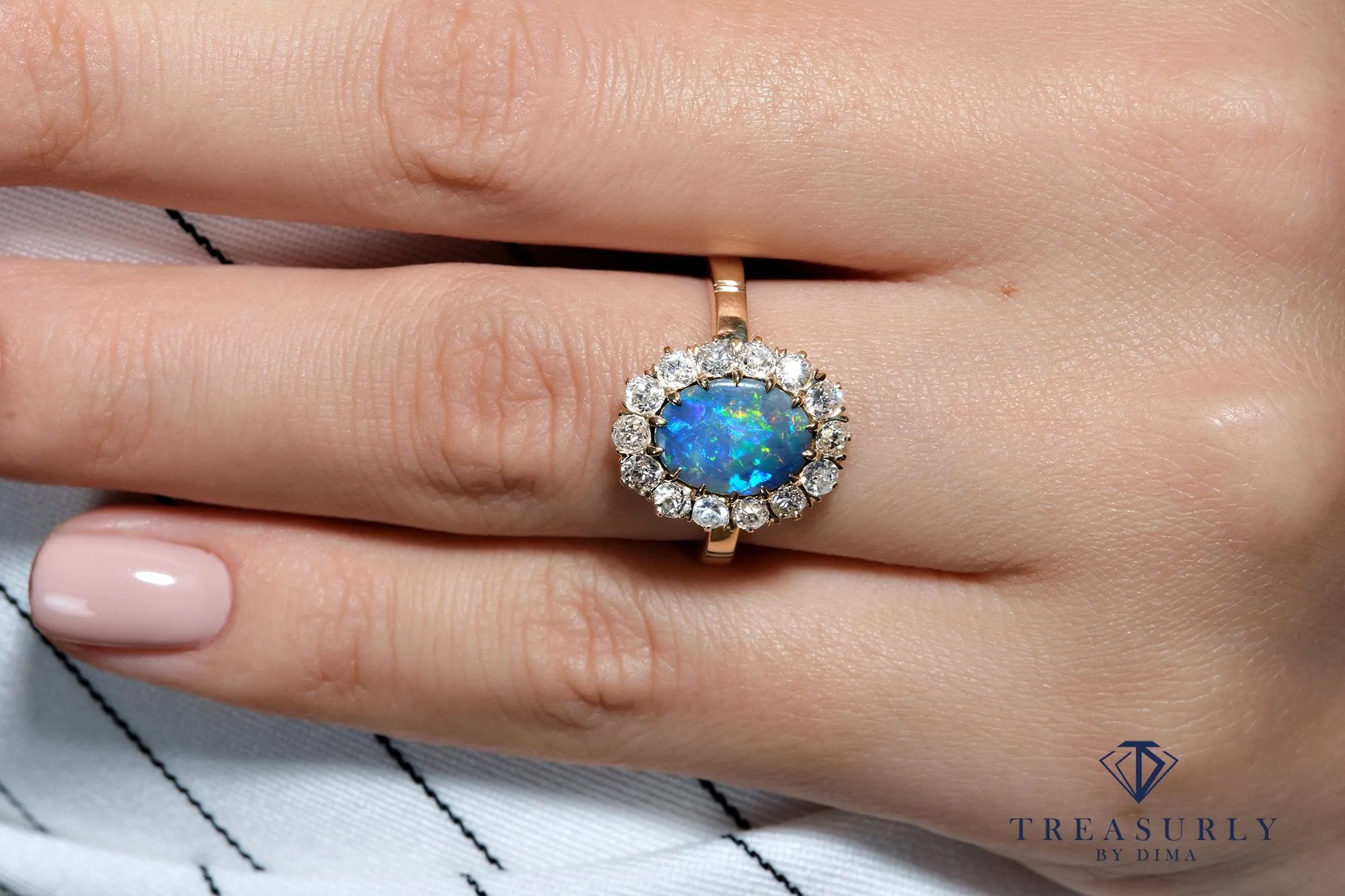 An exquisite Antique Victorian Lightning Ridge Black Opal Diamond Cluster Cocktail Ring