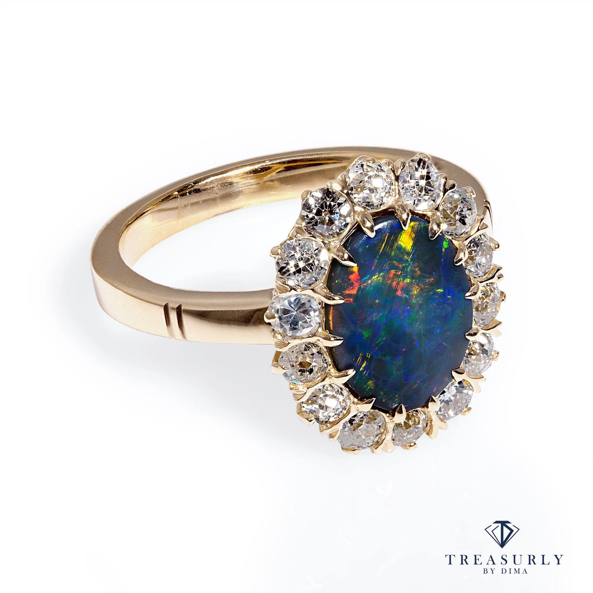 An exquisite Antique Victorian Lightning Ridge Black Opal Diamond Cluster Cocktail Ring