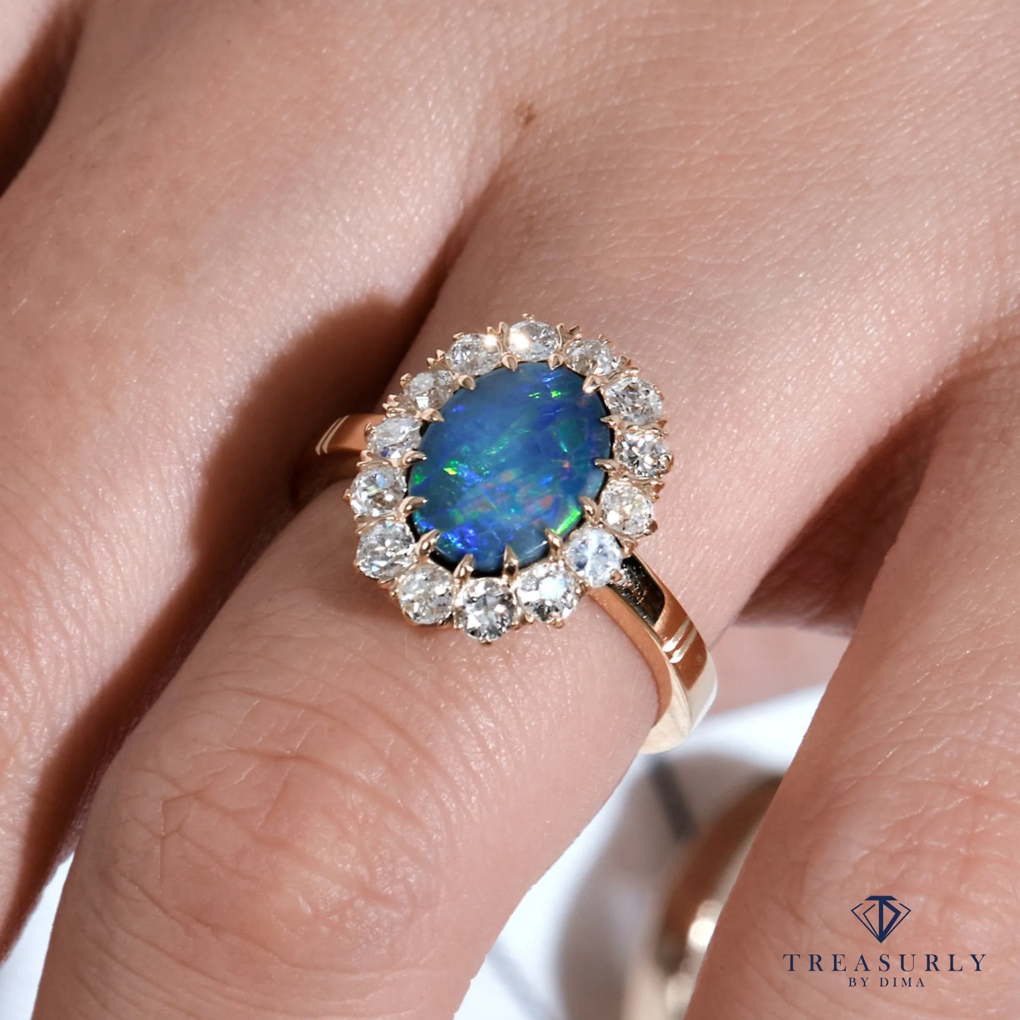 An exquisite Antique Victorian Lightning Ridge Black Opal Diamond Cluster Cocktail Ring