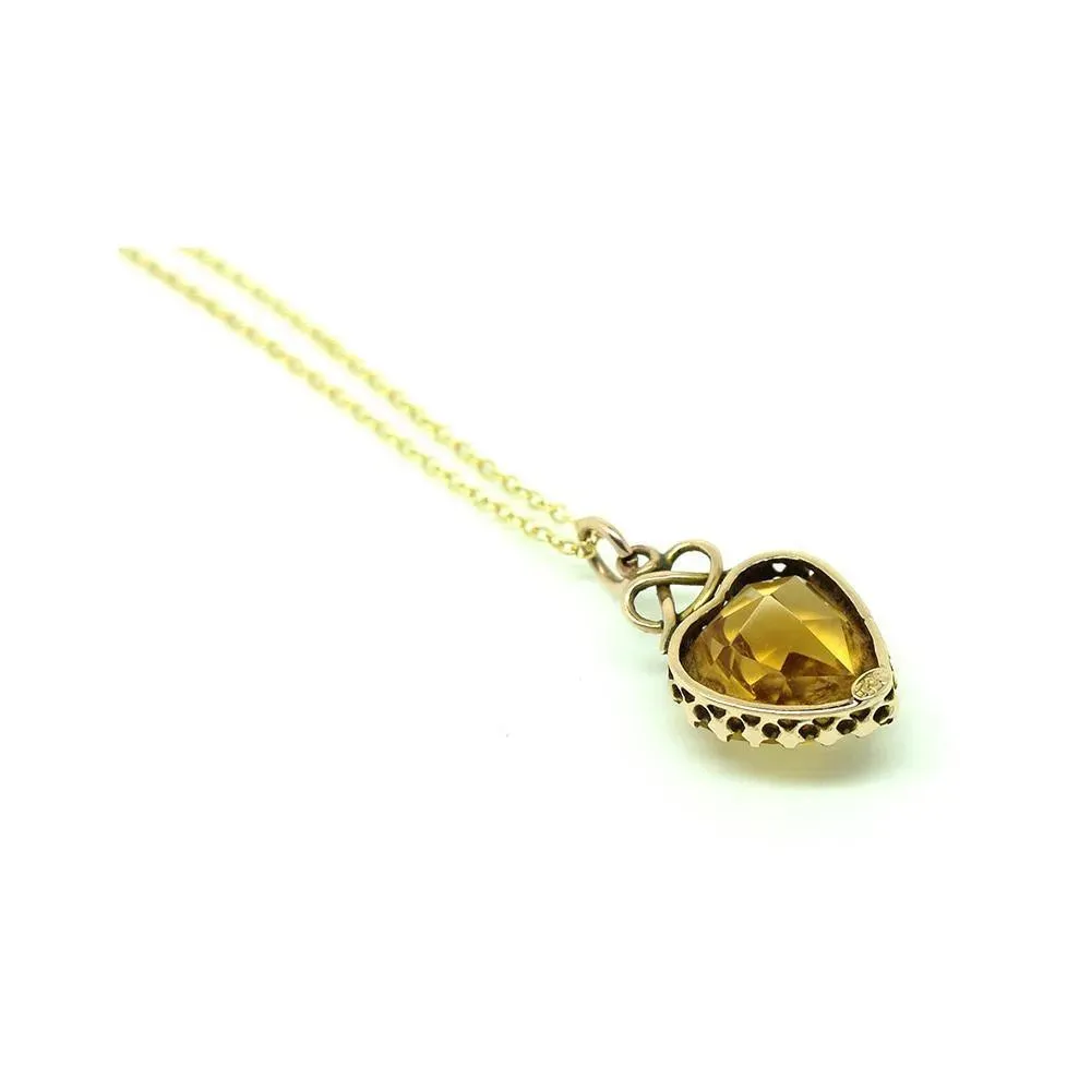 Antique Victorian Citrine Heart 9ct Gold Necklace