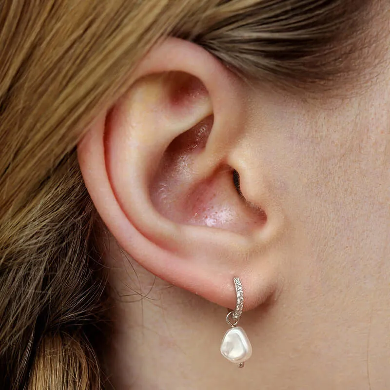 Baroque Style Huggie Hoop Earrings with Pearl Pendant