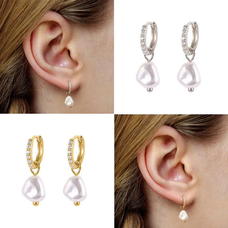 Baroque Style Huggie Hoop Earrings with Pearl Pendant