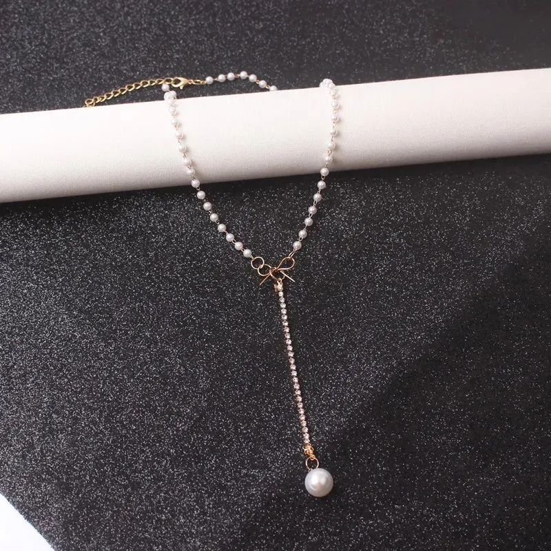 Bow Imitation Personality Chain Fashion Clavicle Pendant Women Knot Sweet Rhinestone Pearl Necklace