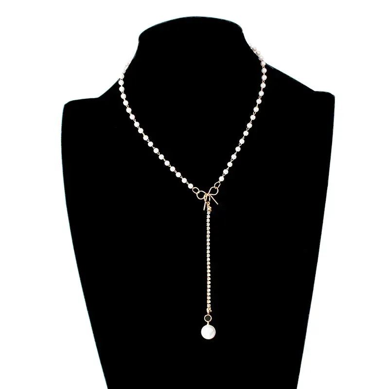 Bow Imitation Personality Chain Fashion Clavicle Pendant Women Knot Sweet Rhinestone Pearl Necklace