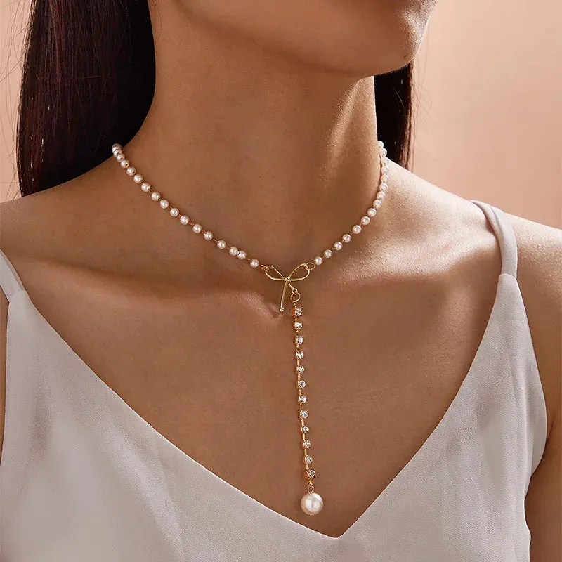 Bow Imitation Personality Chain Fashion Clavicle Pendant Women Knot Sweet Rhinestone Pearl Necklace