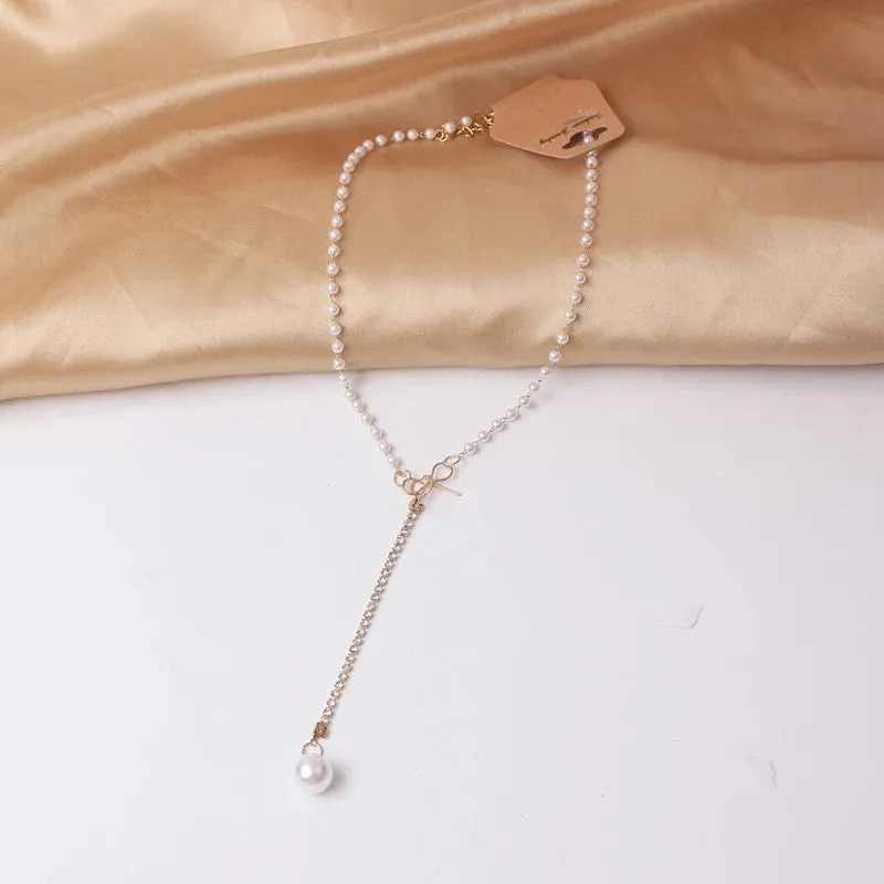 Bow Imitation Personality Chain Fashion Clavicle Pendant Women Knot Sweet Rhinestone Pearl Necklace