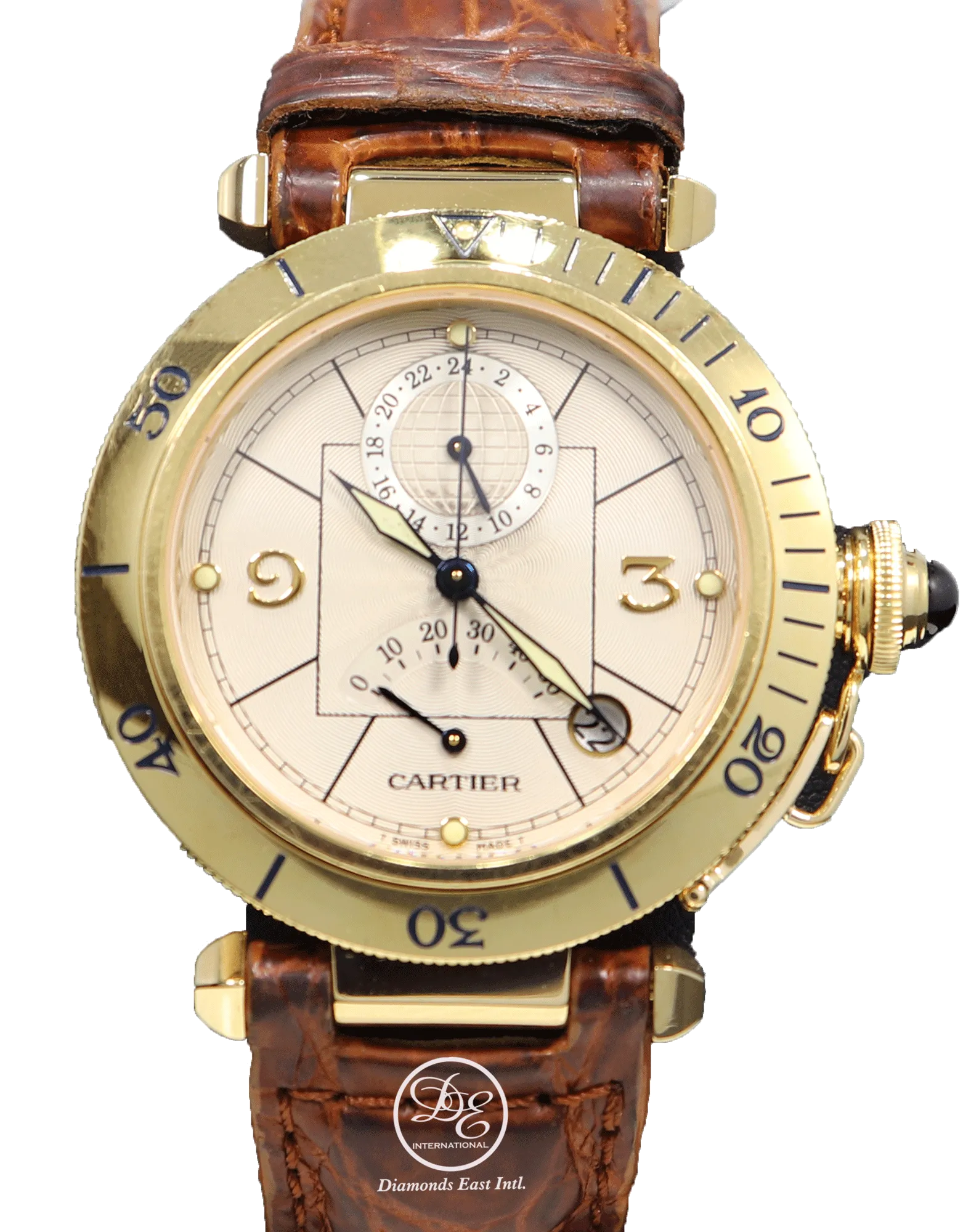 Cartier Pasha Seatimer Dual Time GMT Power Reserve W3014456 2395 18K Yellow Gold