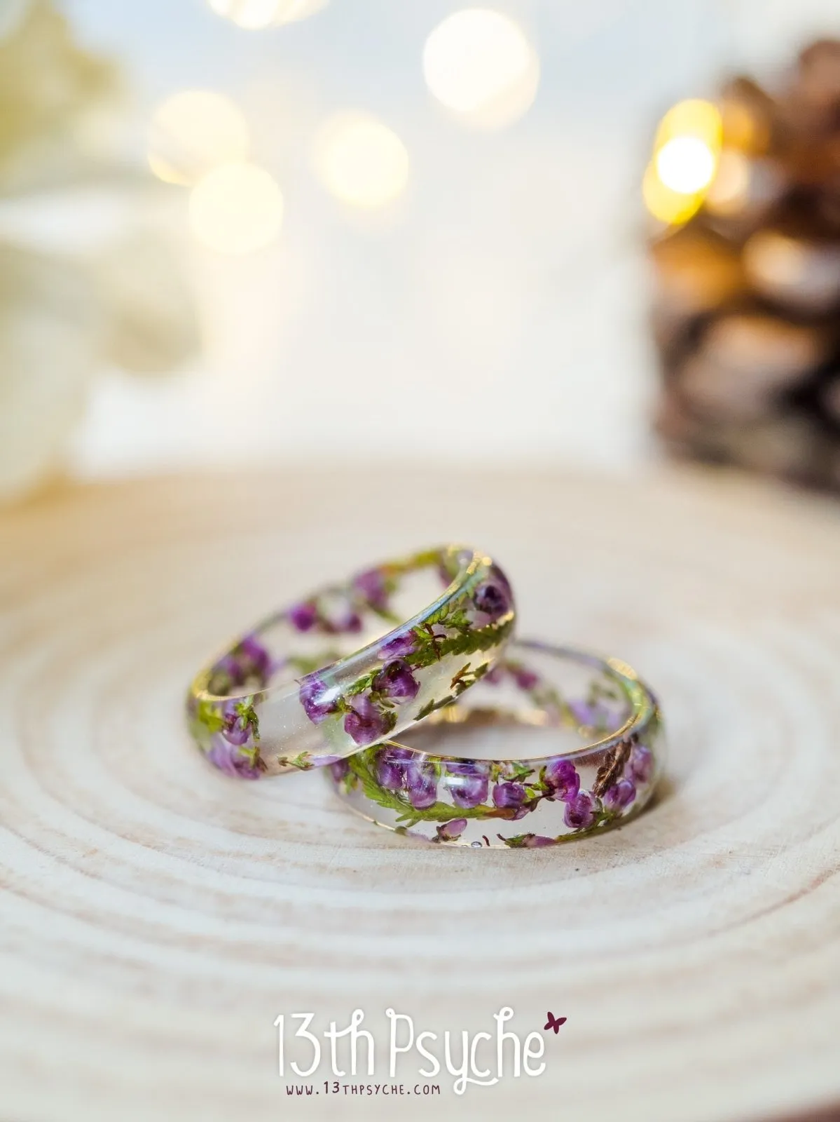 Dried pink heather flower resin ring