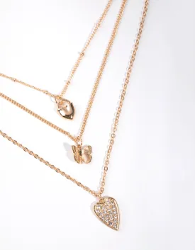 Gold Short Diamante Heart 3-Row Necklace