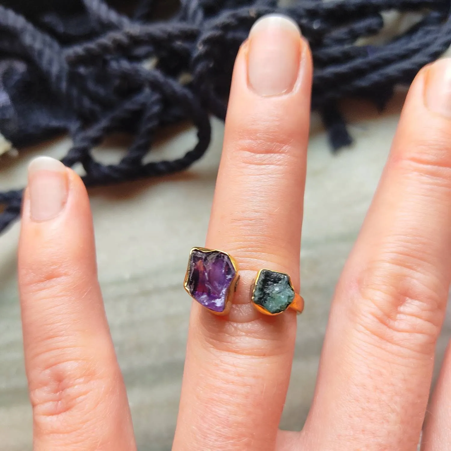 Green Emerald and Amethyst Stone Crystal Ring