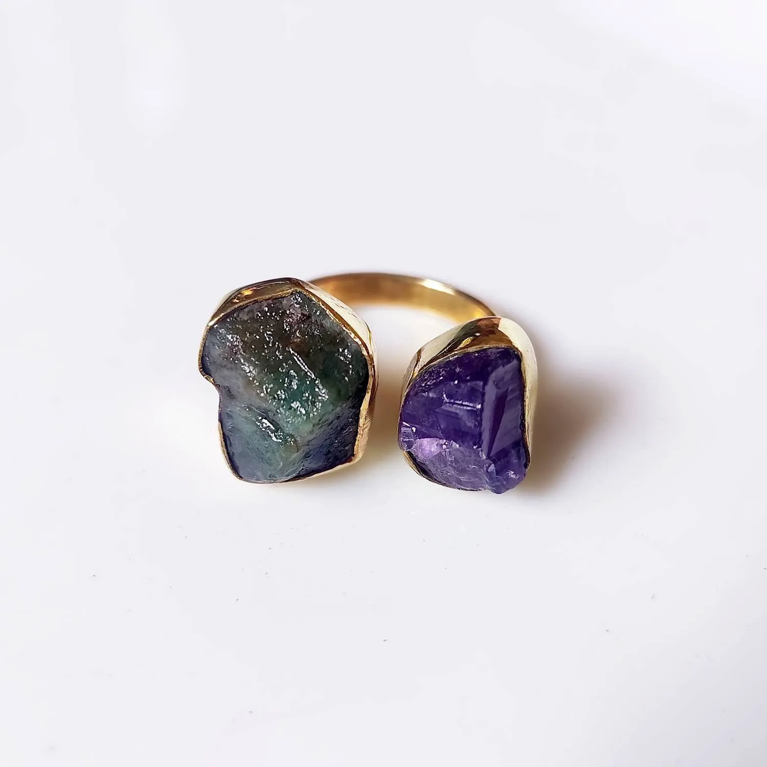 Green Emerald and Amethyst Stone Crystal Ring