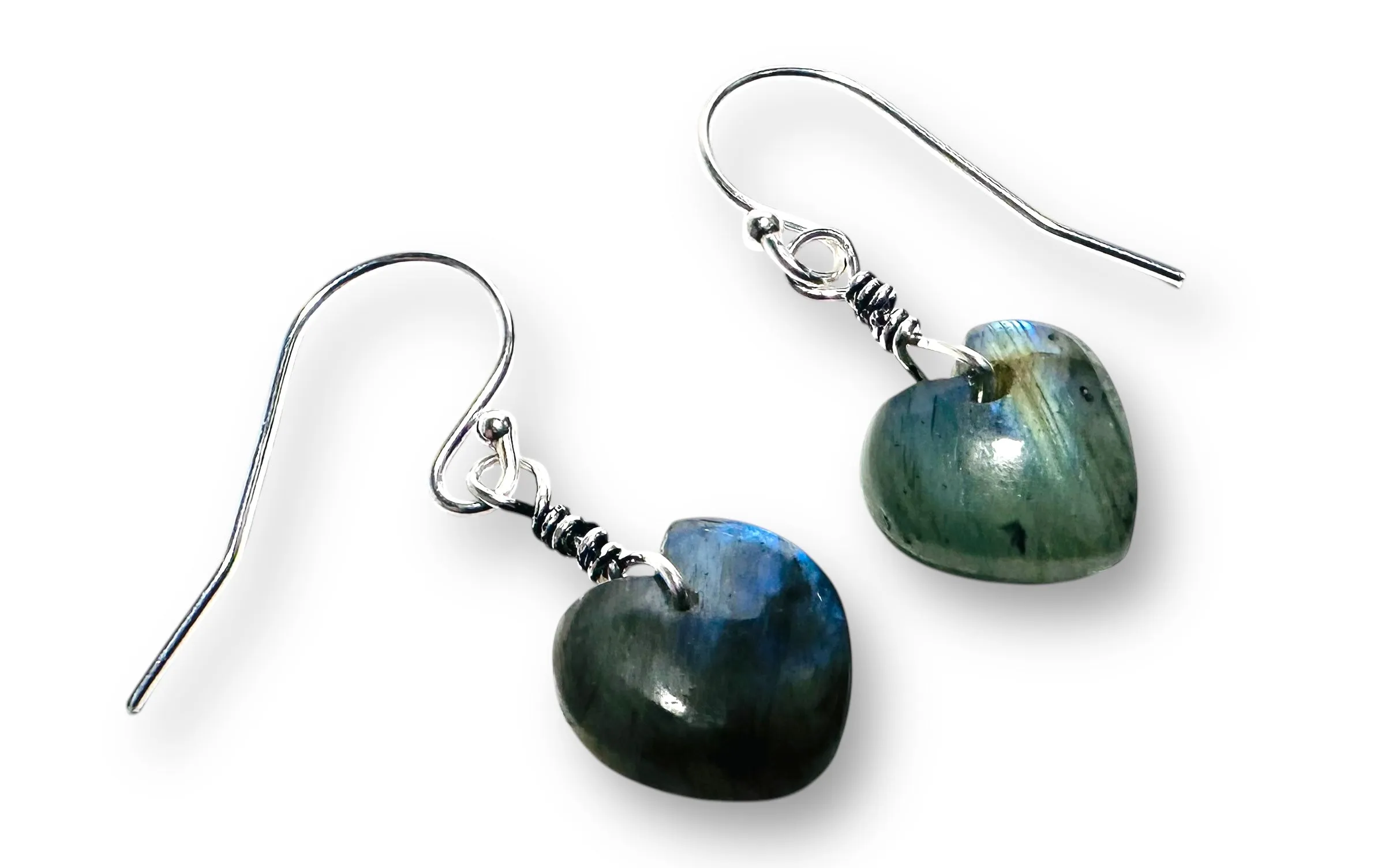 Heart Genuine Labradorite Silver Earrings, Labradorite