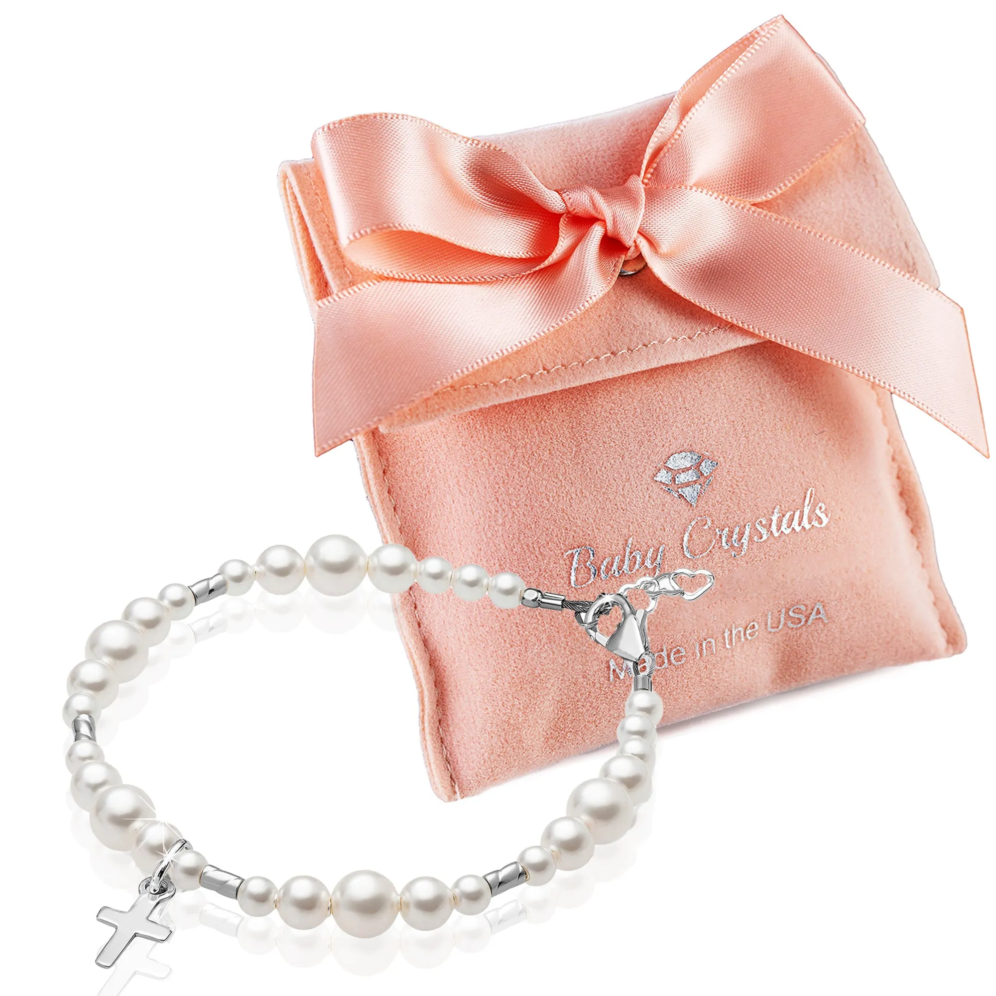 Infant Baby Sterling Silver Cross White Pearl Christening Baptism Bracelet