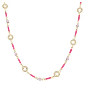 Jane Marie Kids Mini Hot Pink Enamel Bars with Pink Moonstone Crystals and Mini Heart Eyed Happy Face Links Necklace, .15", .35" Pendants