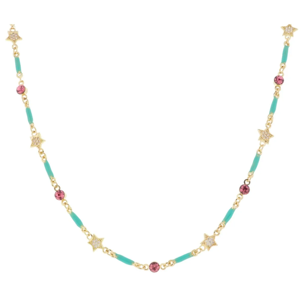 Jane Marie Kids Mini Turquoise Enamel Bars with Alternating Pink Crystal and Mini Pave Star Links Necklace, .15", .25" Pendants