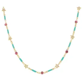 Jane Marie Kids Mini Turquoise Enamel Bars with Alternating Pink Crystal and Mini Pave Star Links Necklace, .15", .25" Pendants