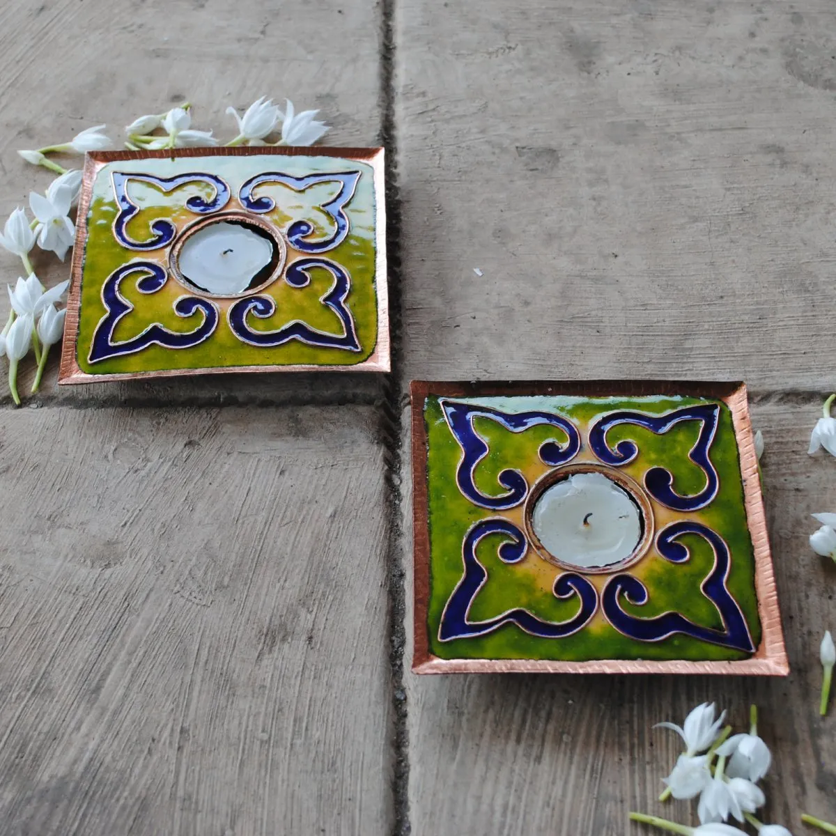 Light Green Handcrafted Copper Tealight Holder - Set of 2