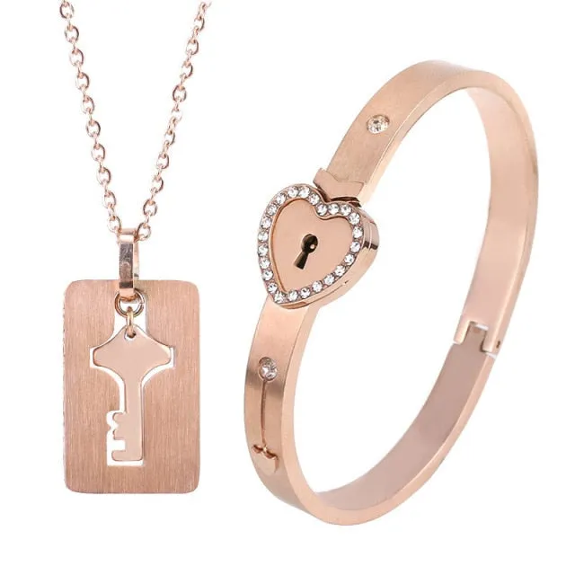 Matching Puzzle Couple Heart Lock Bracelet and Key Pendant Necklace for Lover Jewelry Gift