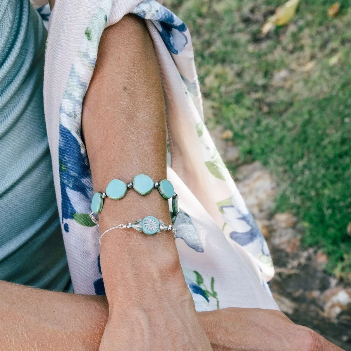 Ocean Blues Mix Small Circle Glass Beaded Bracelet