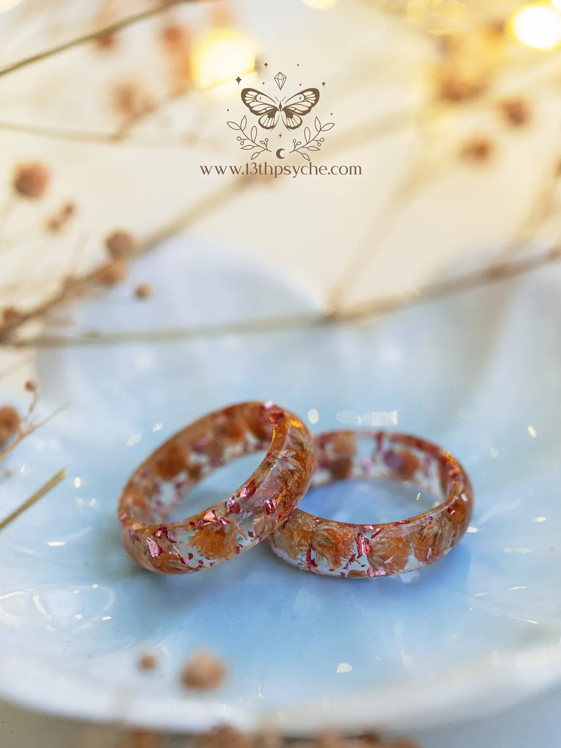 Orange baby's breath flowers resin ring