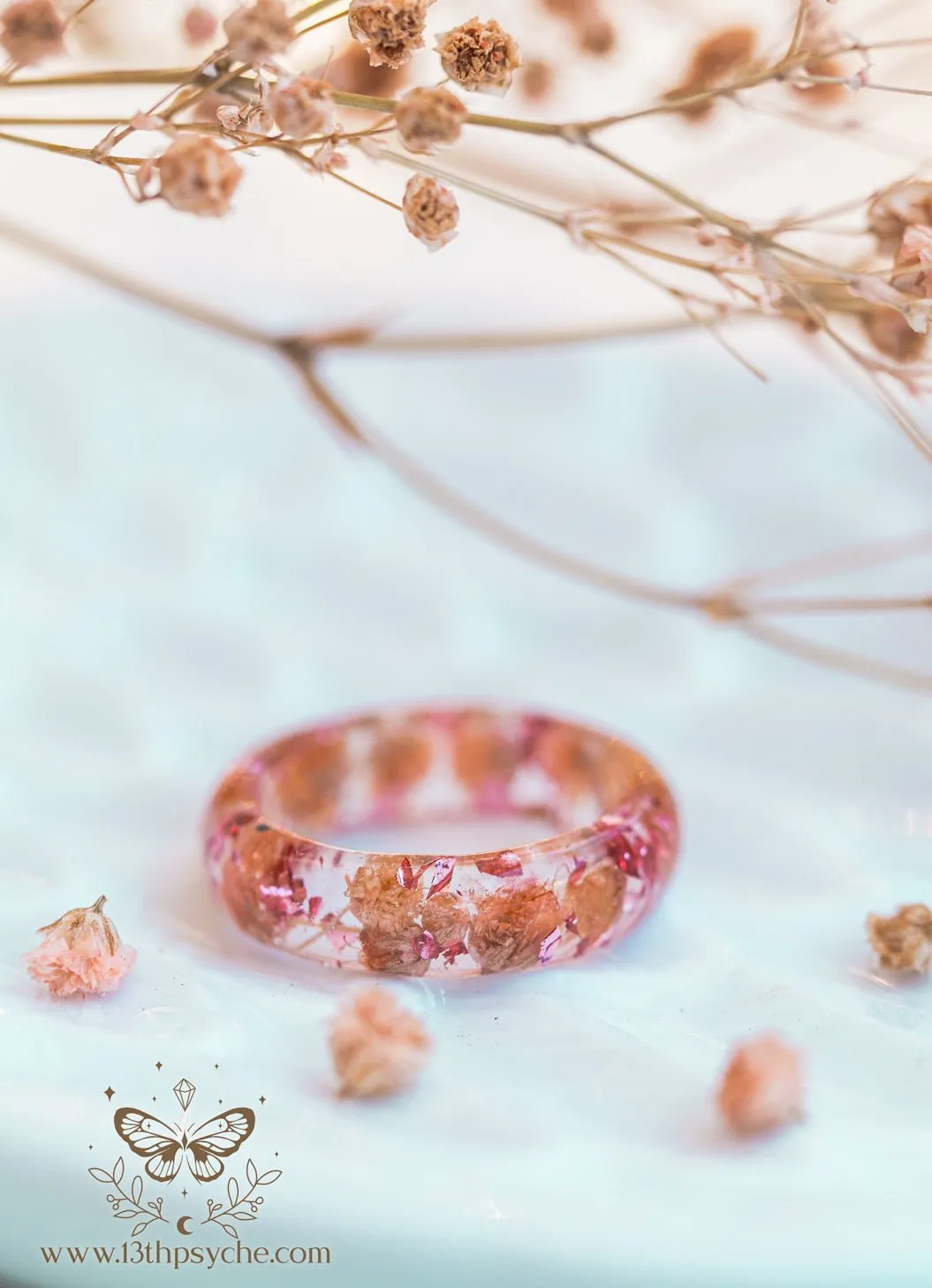 Orange baby's breath flowers resin ring