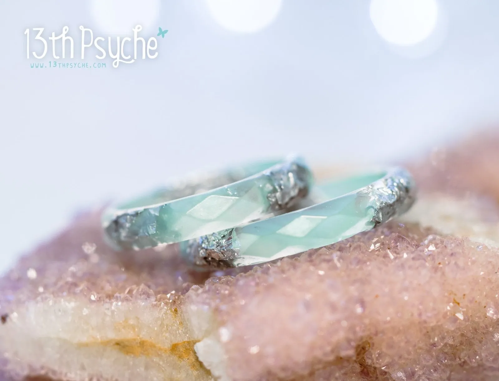 Pastel green mint and silver flakes faceted resin ring