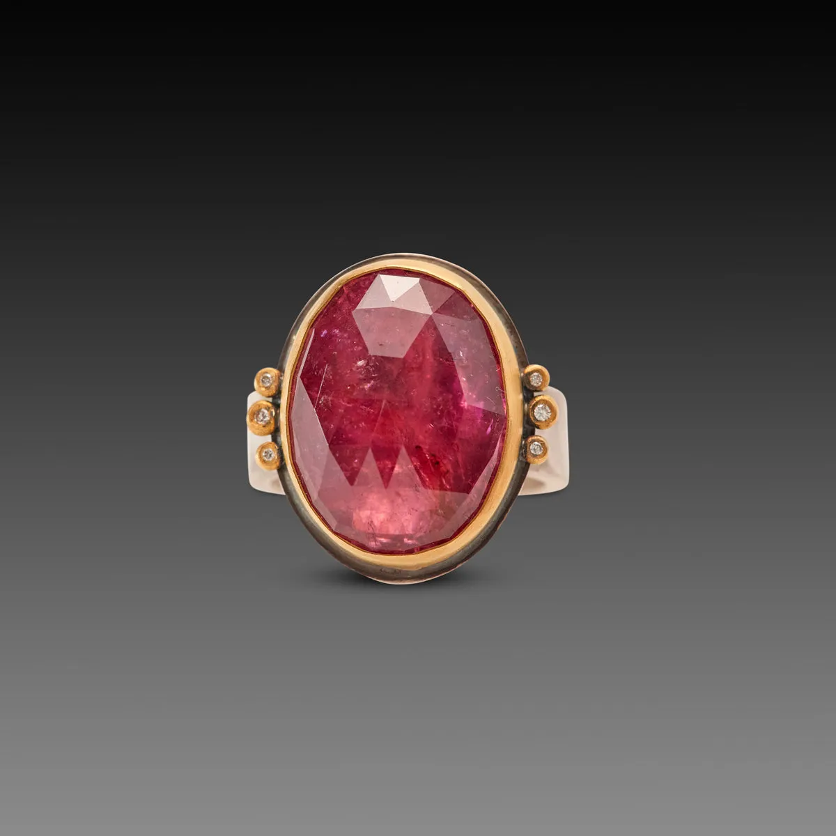 Pink Tourmaline Ring with Diamond Trios