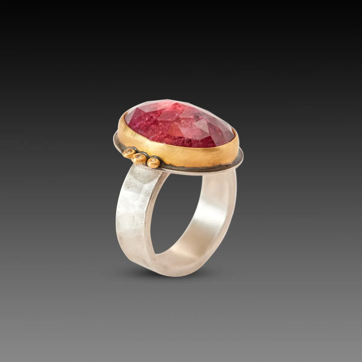 Pink Tourmaline Ring with Diamond Trios