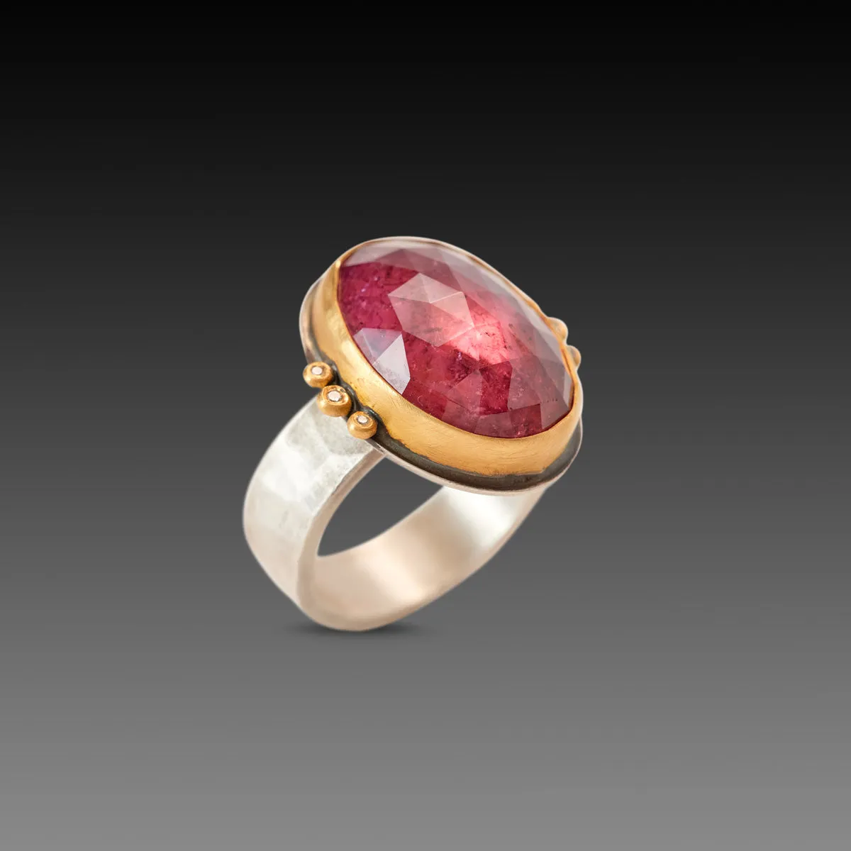 Pink Tourmaline Ring with Diamond Trios