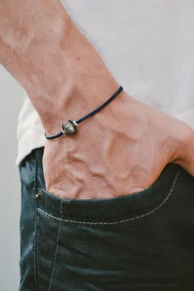 Silver tube bracelet for men, blue cord