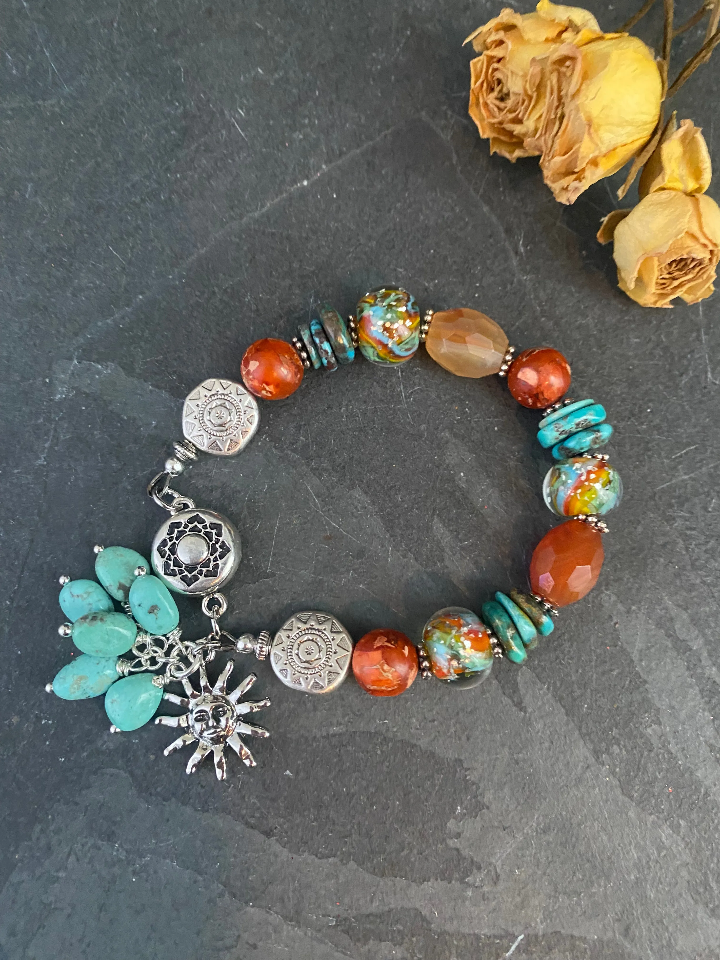 Turquoise, lampwork glass, carnelian agate, silver metal, bracelet, jewelry