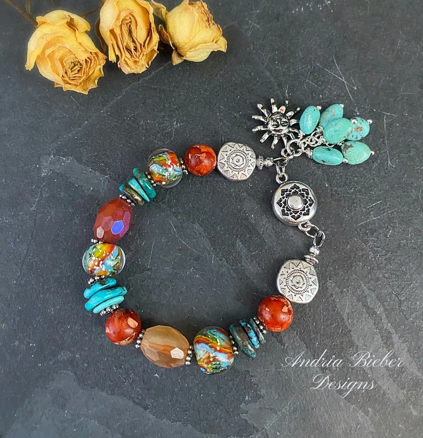 Turquoise, lampwork glass, carnelian agate, silver metal, bracelet, jewelry